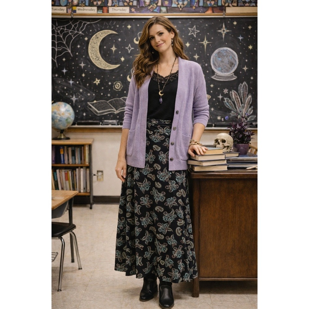 Whimsigoth Fairycore Grunge Office Travel Stretch Paisley Black Teal L MaxiSkirt